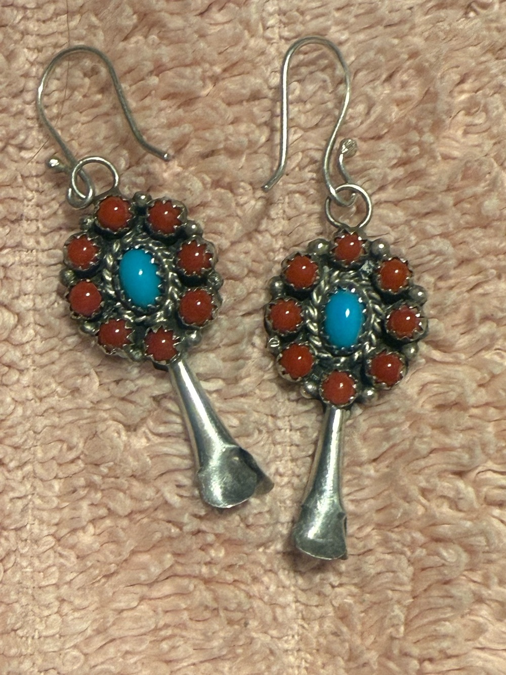 Sterling Silver Turquoise and Coral Drop Earrings vintage Navajo- signed